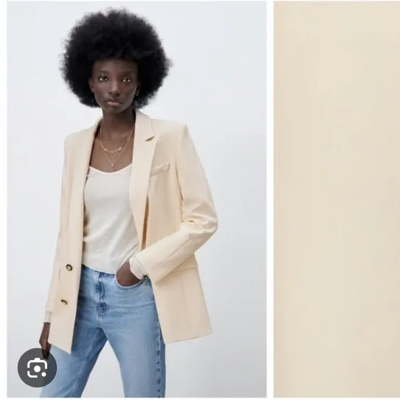 Zara Cream Double Breasted Blazer with Black/Gold Button Detail Sz M - Picture 2 of 7